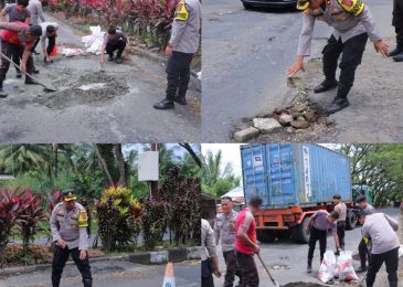 Antisipasi Kecelakaan Lalulintas, Polres Minut Lakukan Pengecoran Jalan Berlubang